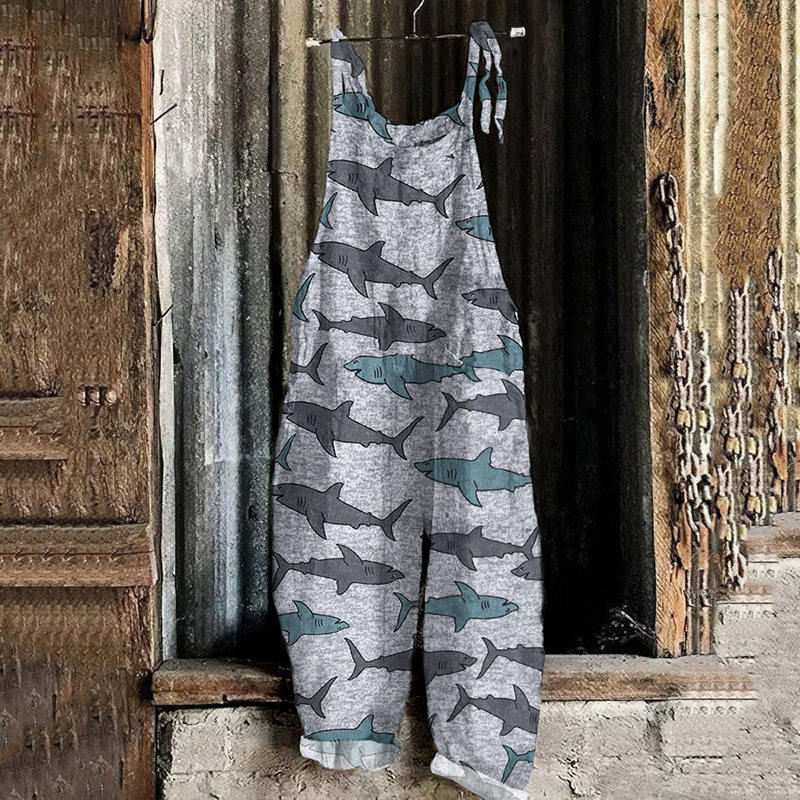 Vintage Shark Graphic Painting Art Loose Jumpsuit