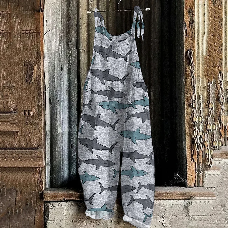 Vintage Shark Graphic Painting Art Loose Jumpsuit
