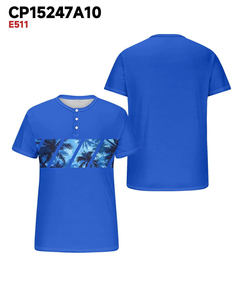 Big & Tall Men's Hawaiian Blue Patchwork Coconut Tree Print Henry Collar Button Short Sleeve T-Shirt