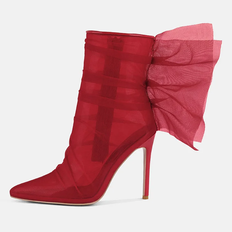 Women's Sexy Red Organza Wrapped Ankle Boots with Stiletto Heel |FSJ Shoes