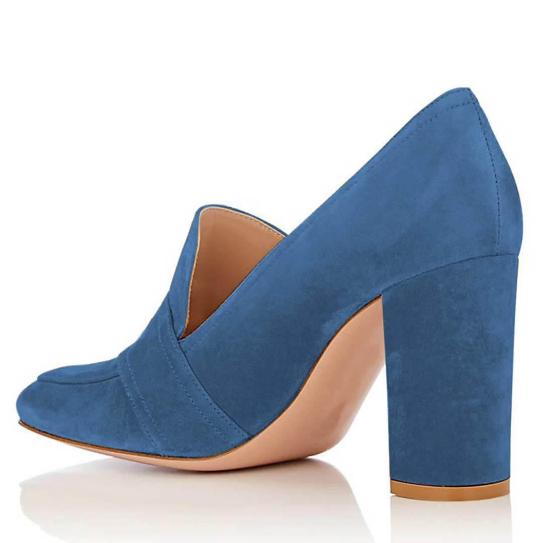 Simple Round Buckle Vegan Suede Square Toe Loafer Heels in Blue