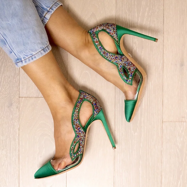 Green Pointy Satin Heels Women's Party transparent Shoes Rhinestone Pumps |FSJ Shoes