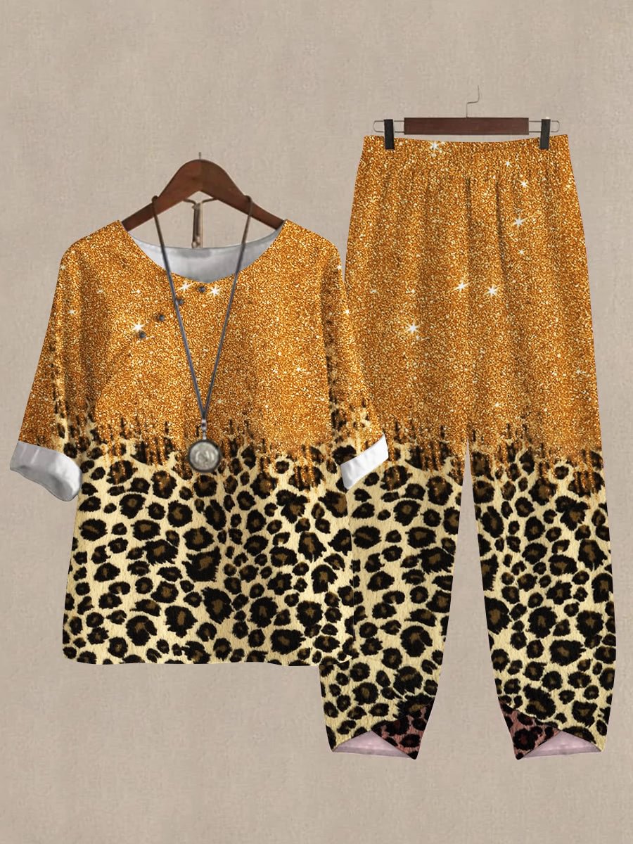 Linen Casual Women's Leopard Print Two Pieces Set