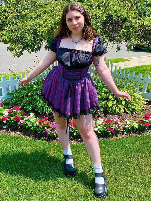 Checkered Shirred Lace Up Paneled Dress