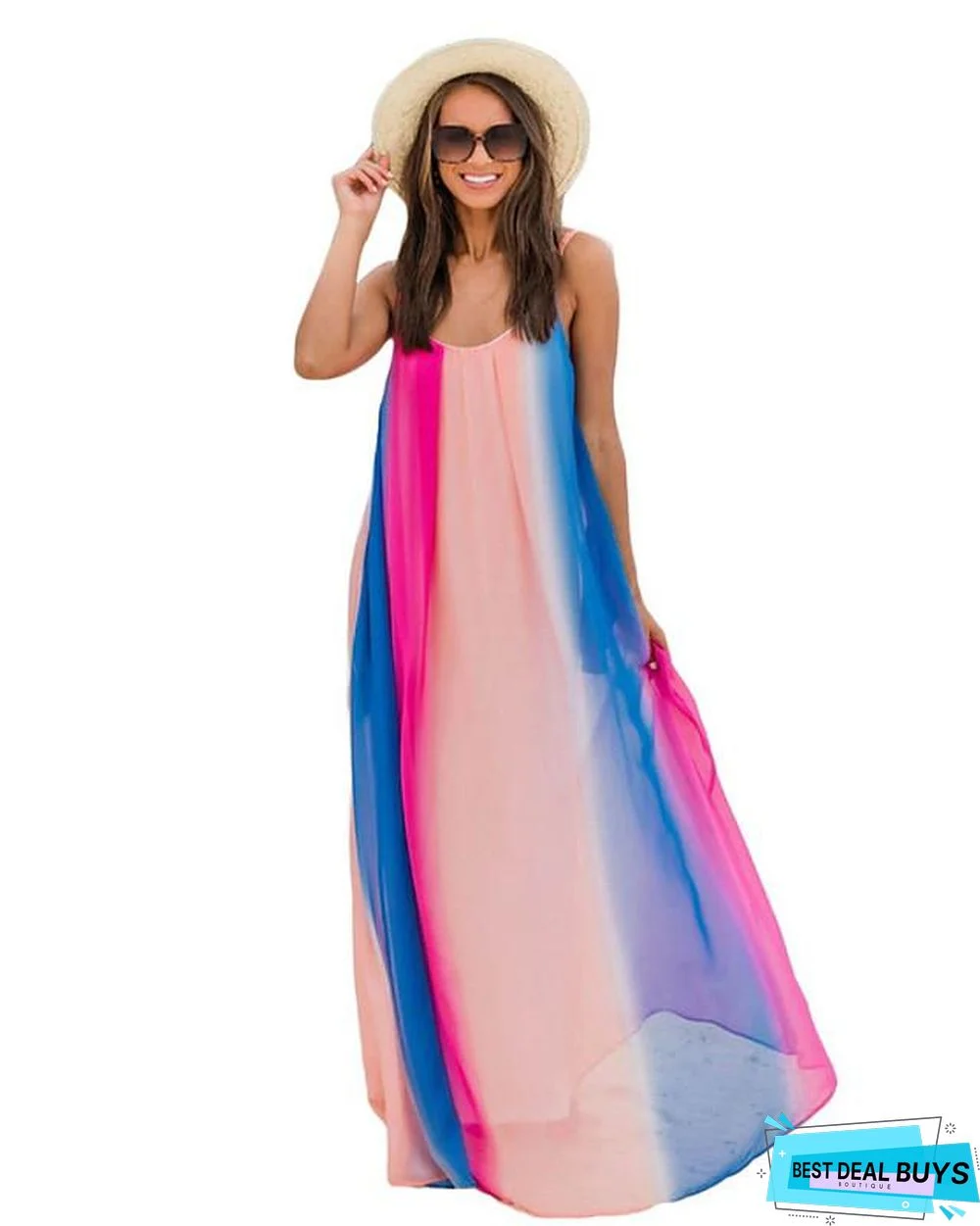 Women's Strap Dress Maxi Long Dress Sleeveless Rainbow Summer Elegant Rainbow