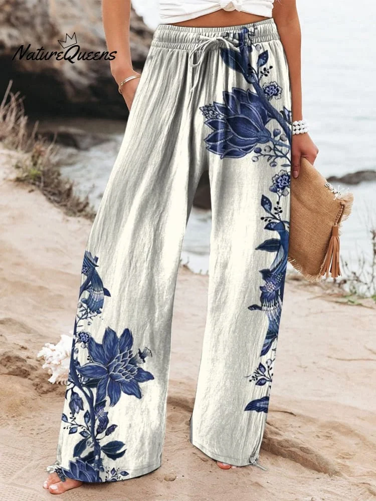 Women's Vacation Beige Navy Flower Retro Pattern Art Printed Cotton And Linen Casual Pants