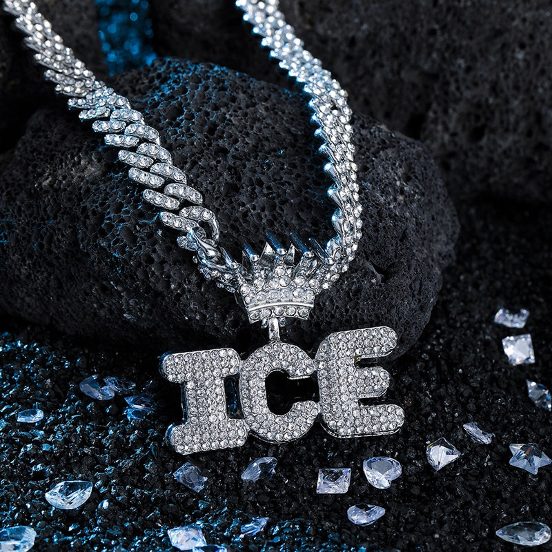 1PC New Arrival Gold Jewelry Man Silver Plated Color Letter ICE Charm Necklace Bling Bling Hip Hop Crown Design Jewelry With Cuban LInk Chain