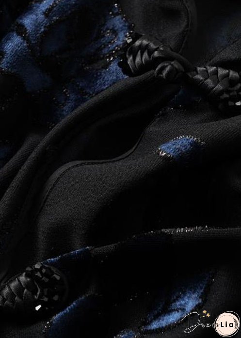 Loose Black V Neck Embroideried Button Velour Top Long Sleeve