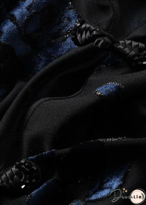 Loose Black V Neck Embroideried Button Velour Top Long Sleeve