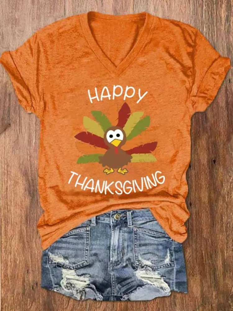 Happy Thanksgiving Turkey Solid V Neck T Shirt