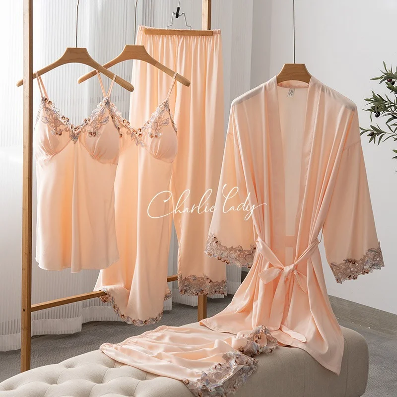 Female Pajamas Five Piece Set Spring Summer Satin Sleepwear Kimono Bathrobe Nightgown  Lace Trim Nightwear Loose Homewear