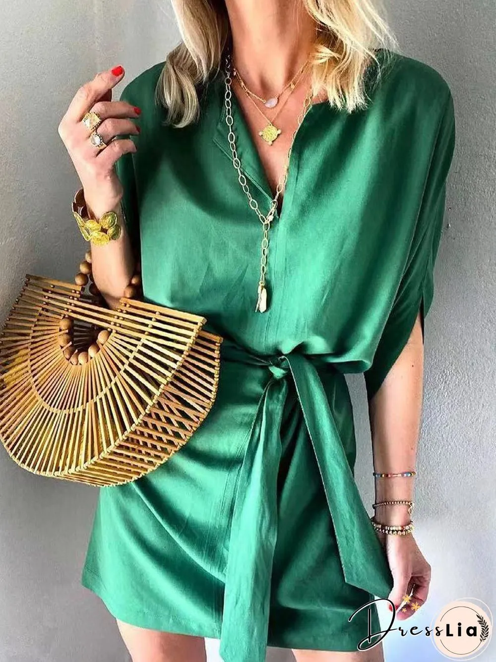 Women'S Dresses Casual Solid Tie Mid Sleeve Dress
