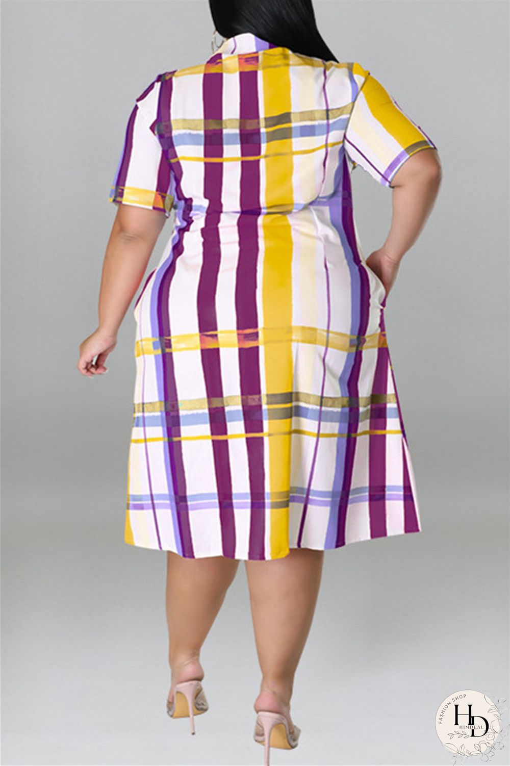 Black Fashion Casual Plus Size Plaid Print Patchwork Turndown Collar Shirt Dress