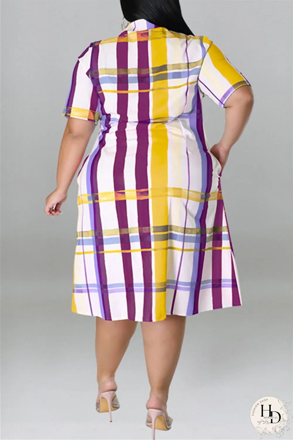 Black Fashion Casual Plus Size Plaid Print Patchwork Turndown Collar Shirt Dress