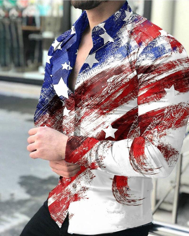 men's casual long-sleeved shirt with flag print