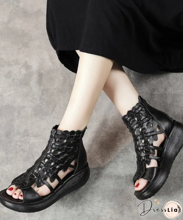 Simple Black Cowhide Leather Sandals Cross Strap Splicing Sandals