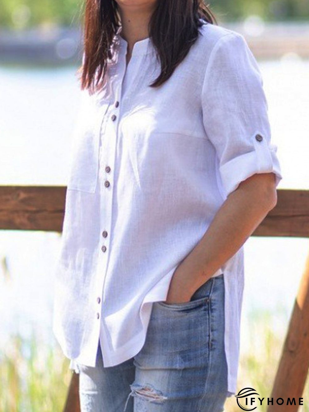 Plain Casual Buckle Pocket Tunic Blouse | IFYHOME