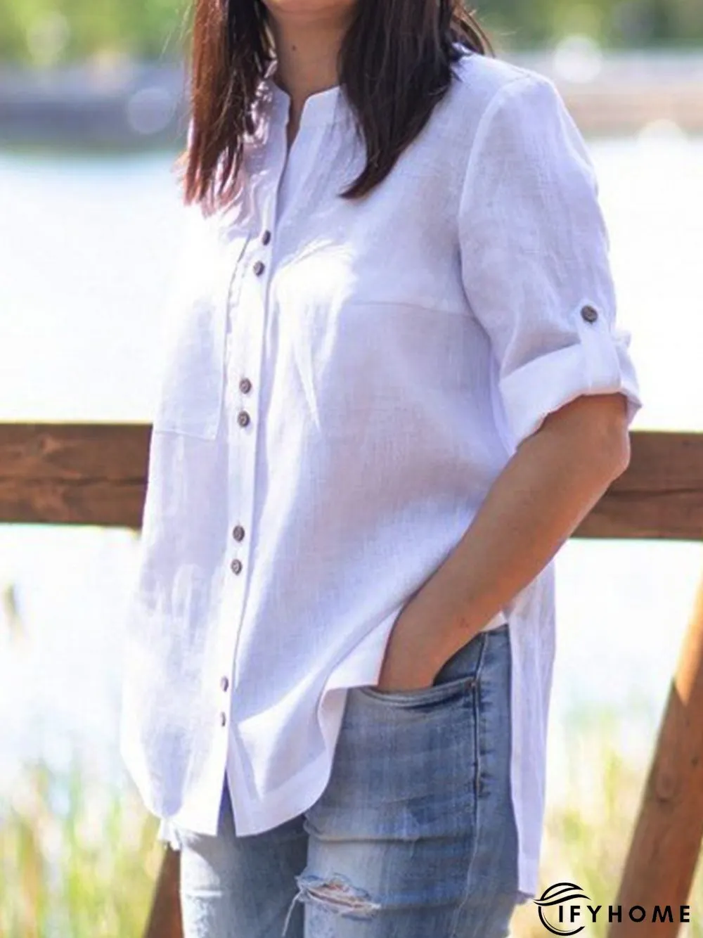 Plain Casual Buckle Pocket Tunic Blouse | IFYHOME