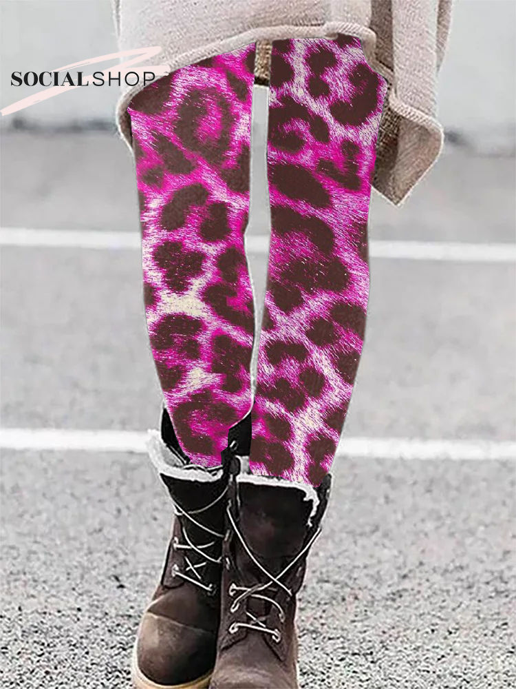 Women's Pink Leopard Print Stretch Leggings socialshop