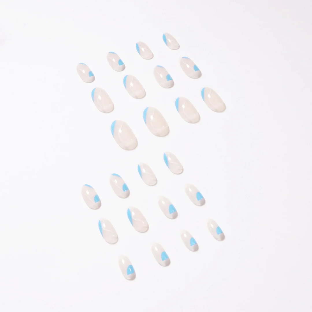 24pcs Detachable Blue Wave White Line Matching False Nail Full Cover Fake Nails DIY Glue Press On Nails Wearable Nail Patch-Nail Inspo