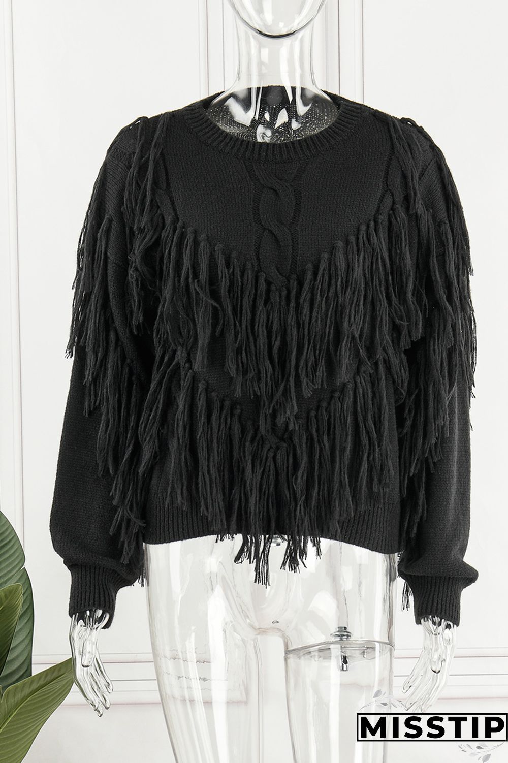 Black Casual Solid Tassel O Neck Tops