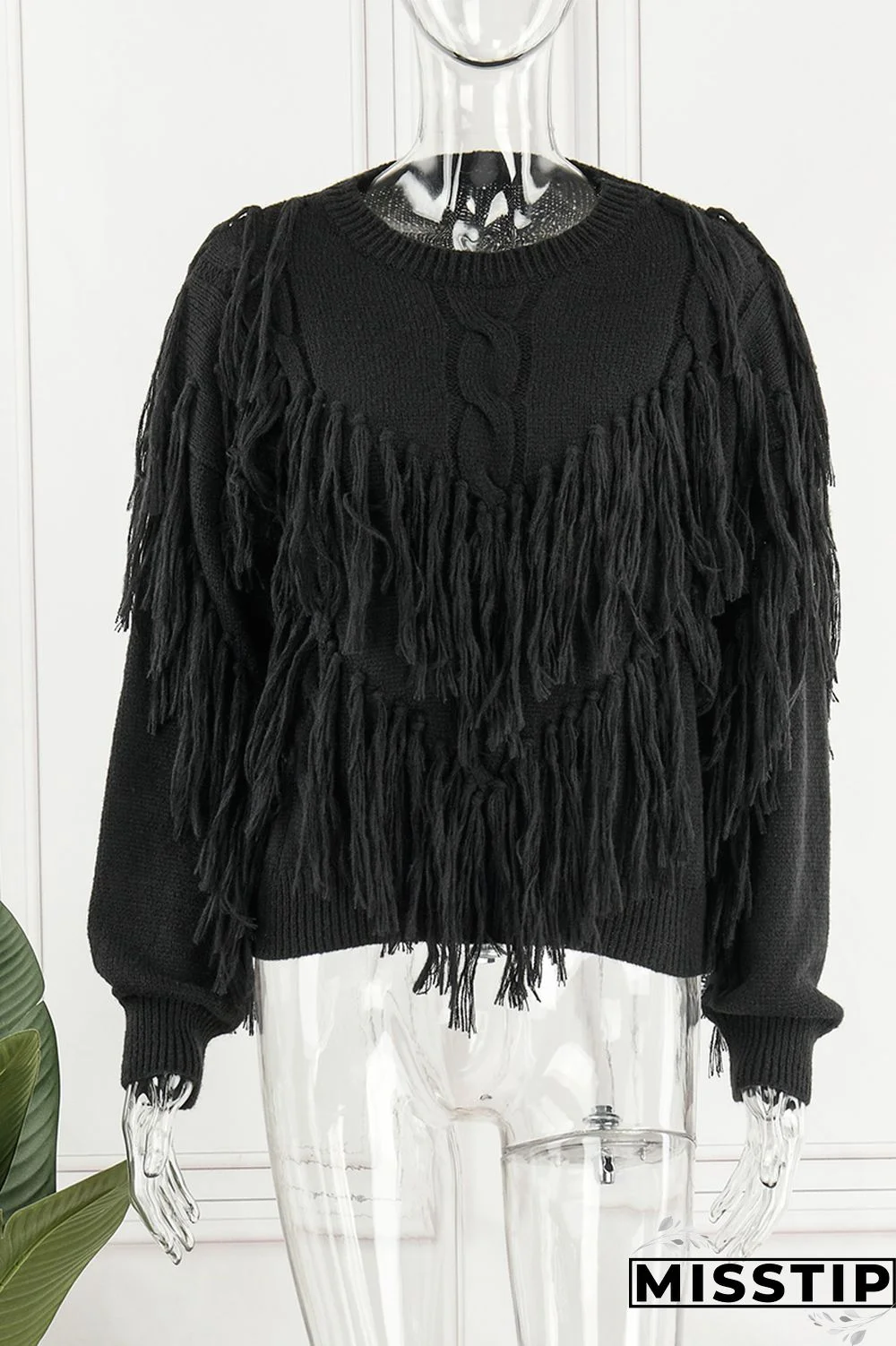 Black Casual Solid Tassel O Neck Tops