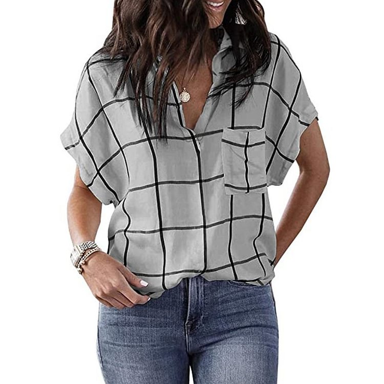 Womens Tops Plaid Loose Shirts V Neck Short Sleeve Casual Blouse Tee