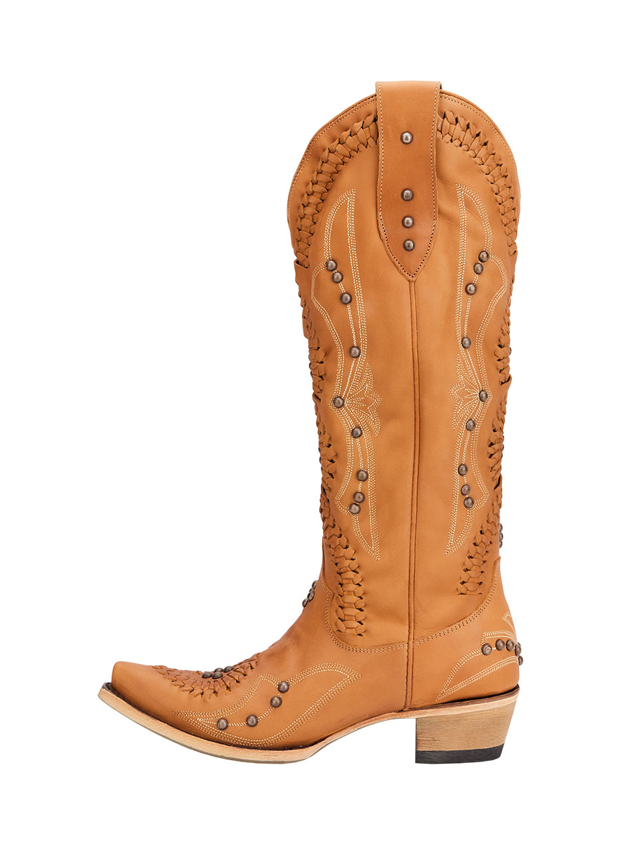 Brown Studded Snip Toe Chunky Heel Cowgirl Boots with Braiding