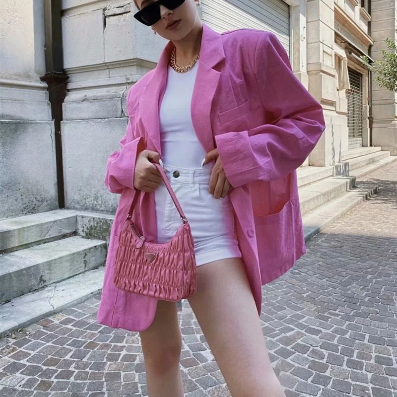PUWD Casual Woman Pink Oversized Cotton Jackets 2021 Spring Fashion Ladies Soft Loose Outwear Female Sweet Cool StreetWear Coats