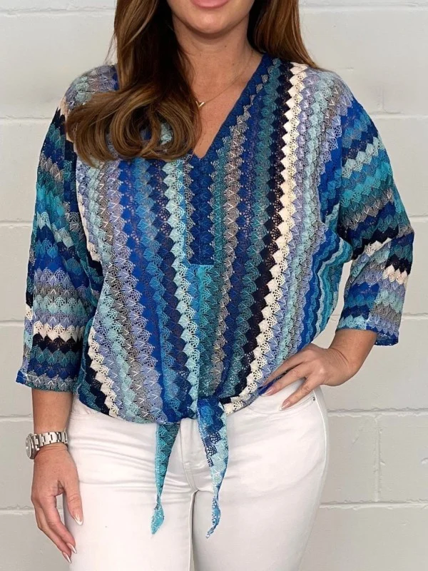 Stripe Print Zig Zag Tie Front Top