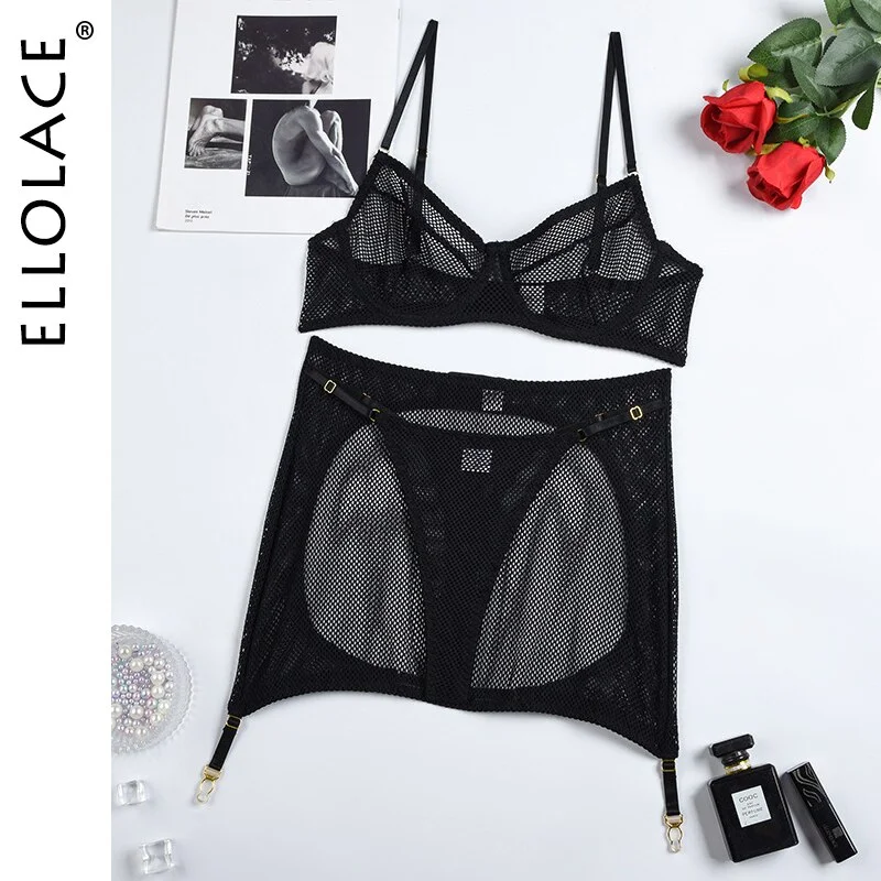 Billionm Erotic Lingerie Mesh Transparent Bra 3-Piece Solid Lace Underwear Sissy Cut Out Garter See Through Seamless Exotic Sets