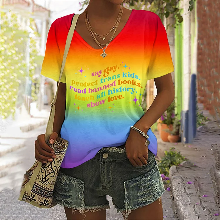 Say Gay Protect Trans Kids Read Banned Books Teach All History Show Love Print T-Shirt