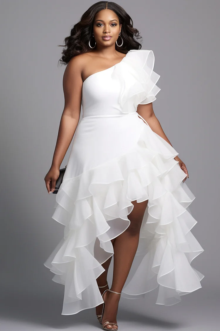 Xpluswear Design Plus Size Wedding White Oblique Collar One Shoulder Short Sleeve High Low Hem Elegant Ruffle Tulle Midi Dresses [Pre-Order] 2024 - Xpluswear