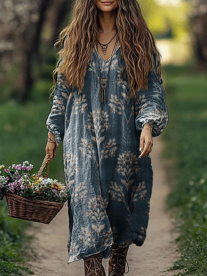 Women's Vintage Flowers Art Pattern Print Loose V Neck Pocket Cotton Dress