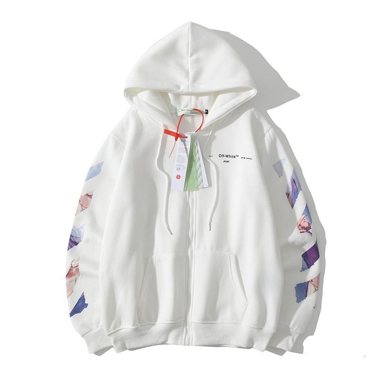 Off White Hoodie Off Graffiti Oil Painting Arrow Zipper Hoodie Brushed Hoody Men and Women Casual Autumn and Winter