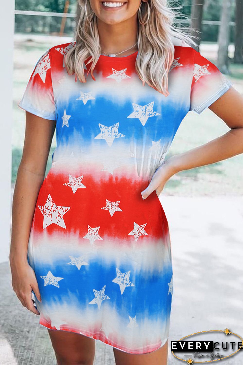 Tie Dye Patriotic Red White Blue Stars Flag Mini Dress