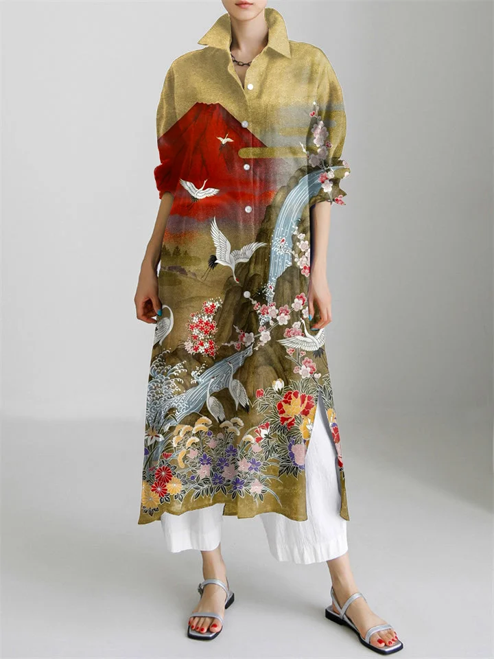 Japanese Cranes Print Long Sleeve Slit Shirt Dress