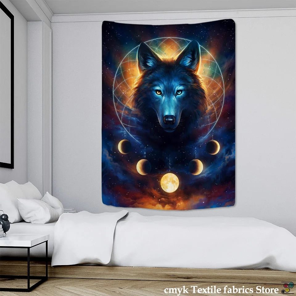 Snow Wolf Tapestry Wall Hanging Psychedelic Witchcraft Bohemian Mysterious Art Landscape Room Home Decor