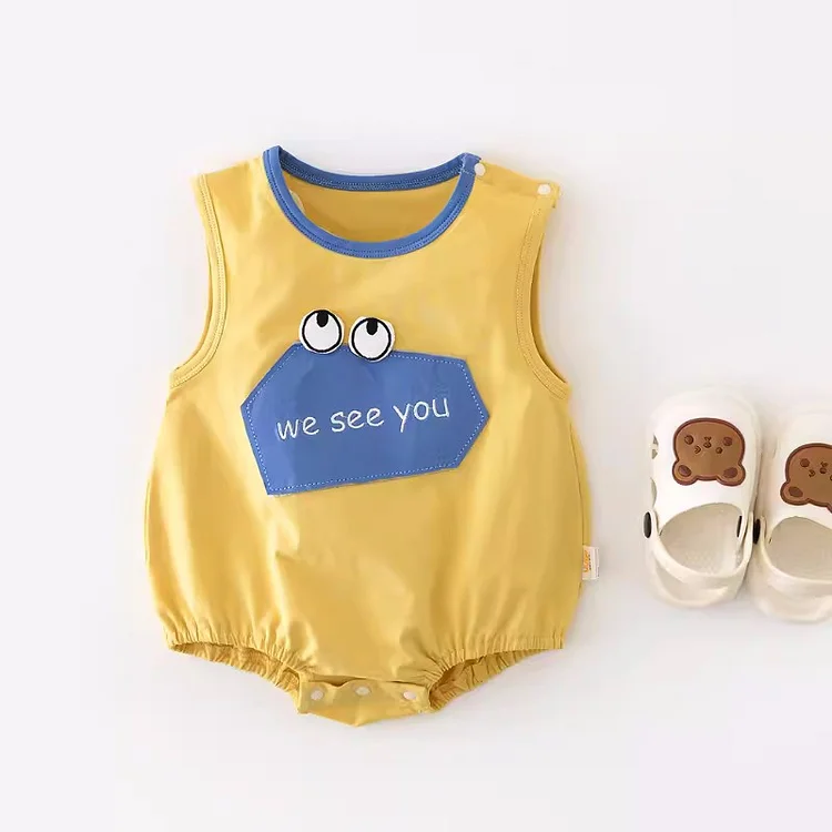 Baby Boy/Girl Letter Print Suspender and 3D Eyes Sleeveless Bodysuit