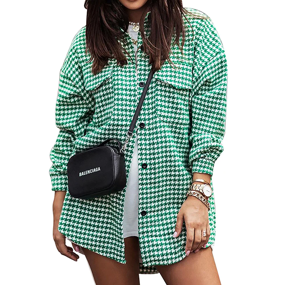 Green Houndstooth Button Pocketed Swallowtail Shirt Jacket
