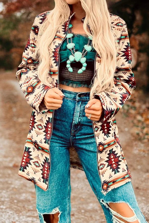 Vintage Aztec Graphic Print Long Jacket