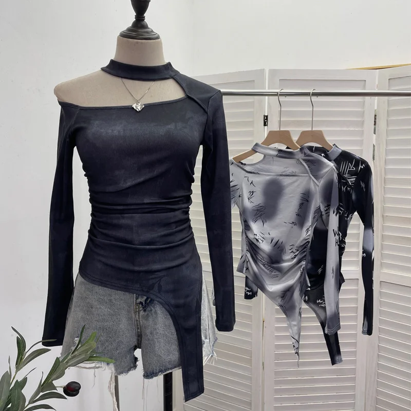 Churchf Long-Sleeved Irregular Design Small T-Shirt Women's Autumn Dress Print Hollow Tight Hottie Top 1108