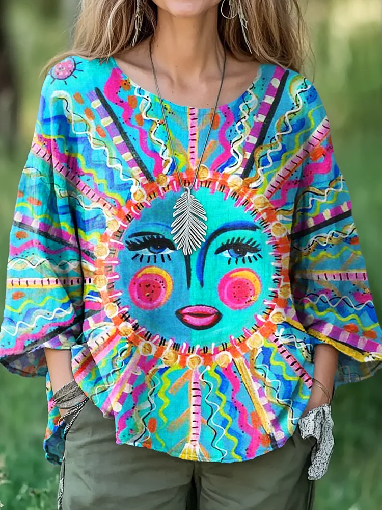 Women's Hippie Sunflower Art Print Casual Cotton And Linen Shirt