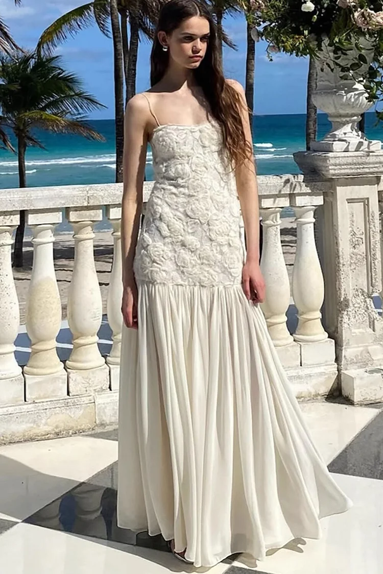 3D Flower Decor Semi-Fitted Shirred Hem Strappy Maxi Dresses-White