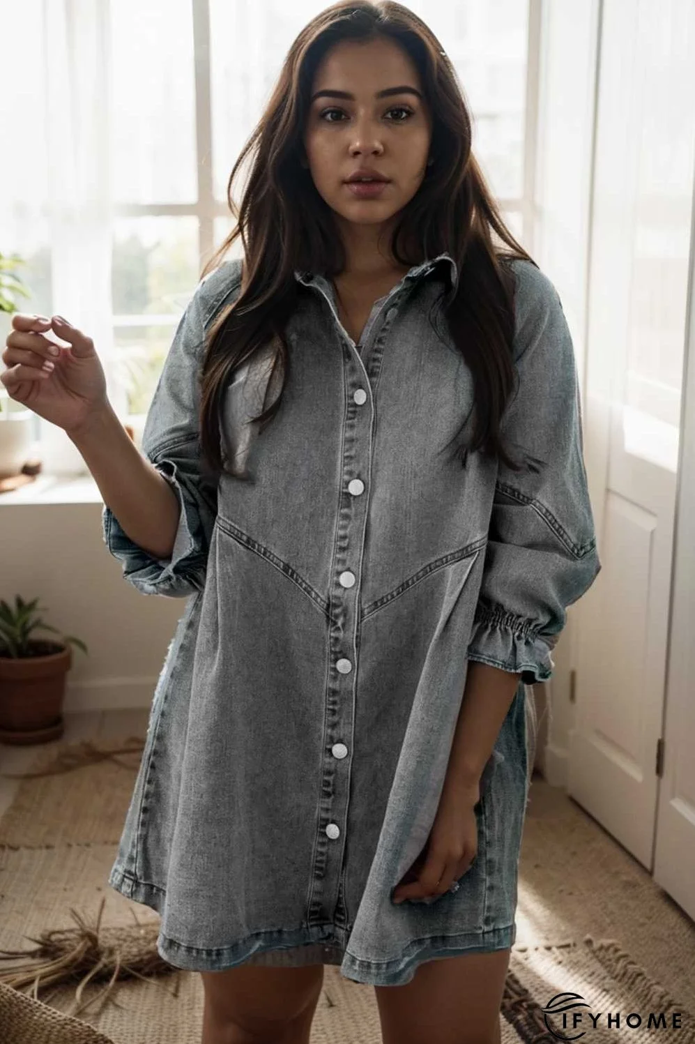 down loose short sleeve denim jean dress drop shoulder a line paneled peasant closed bateau v neck dress | IFYHOME