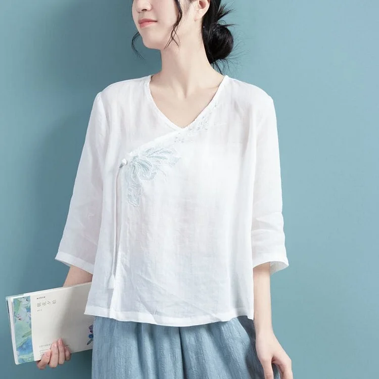 Spring Retro Loose Linen Embroidery Casual Blouse