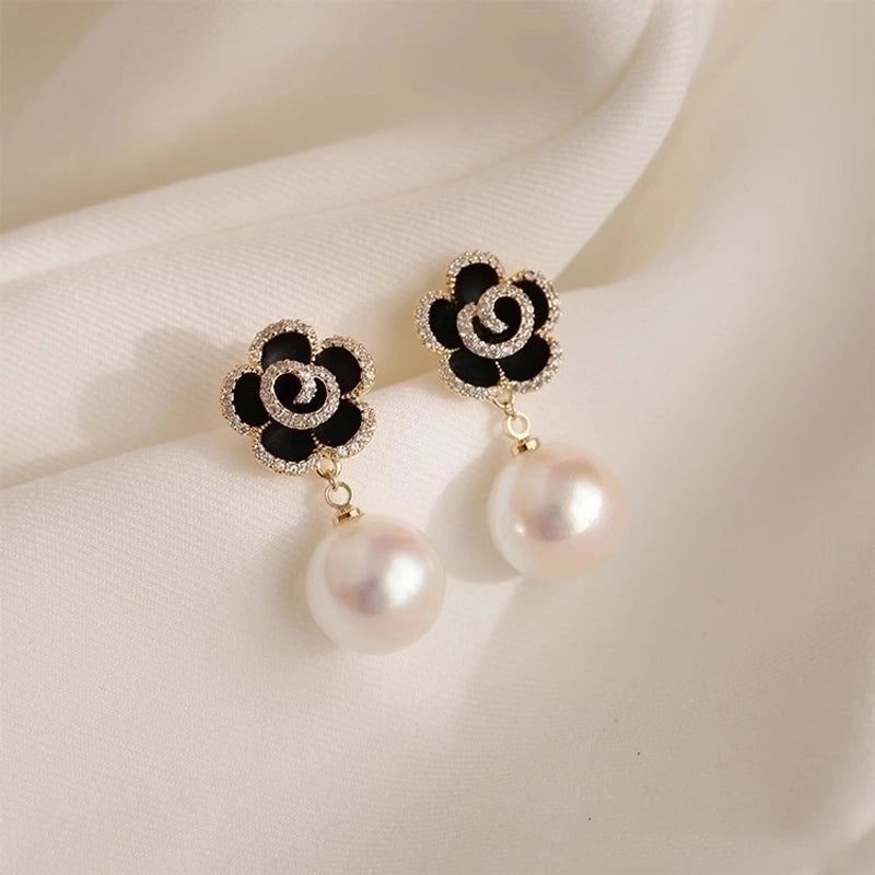 3 Pieces Sweet Heart Shape Rose Flower Inlay Imitation Pearl Alloy Rhinestones Earrings