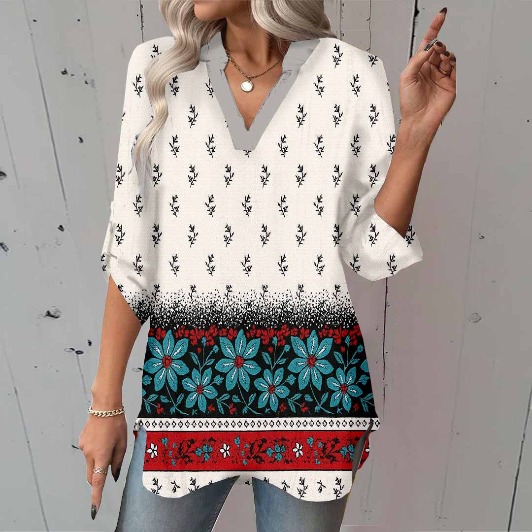 Women Bohemian,Blue,Red DZGA0294 3/4 Sleeve V-neck Printed Graphic Button Tops