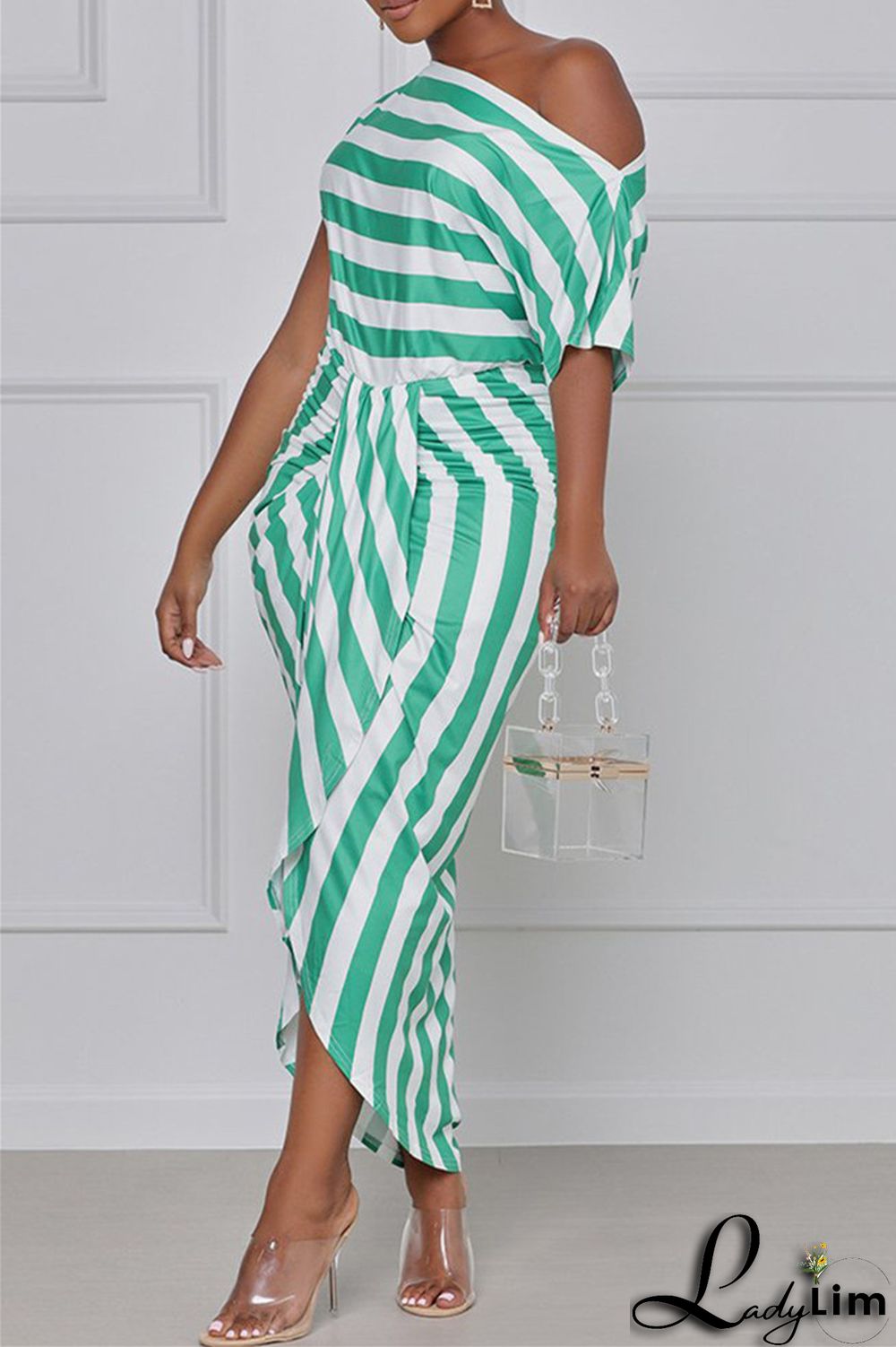 Black Fashion Casual Striped Print Asymmetrical Oblique Collar Short Sleeve Dress