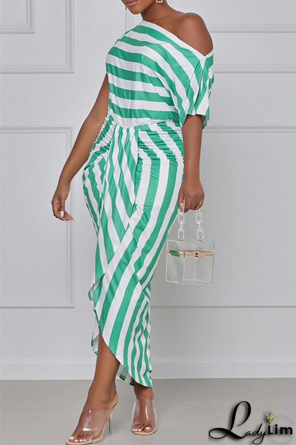 Black Fashion Casual Striped Print Asymmetrical Oblique Collar Short Sleeve Dress